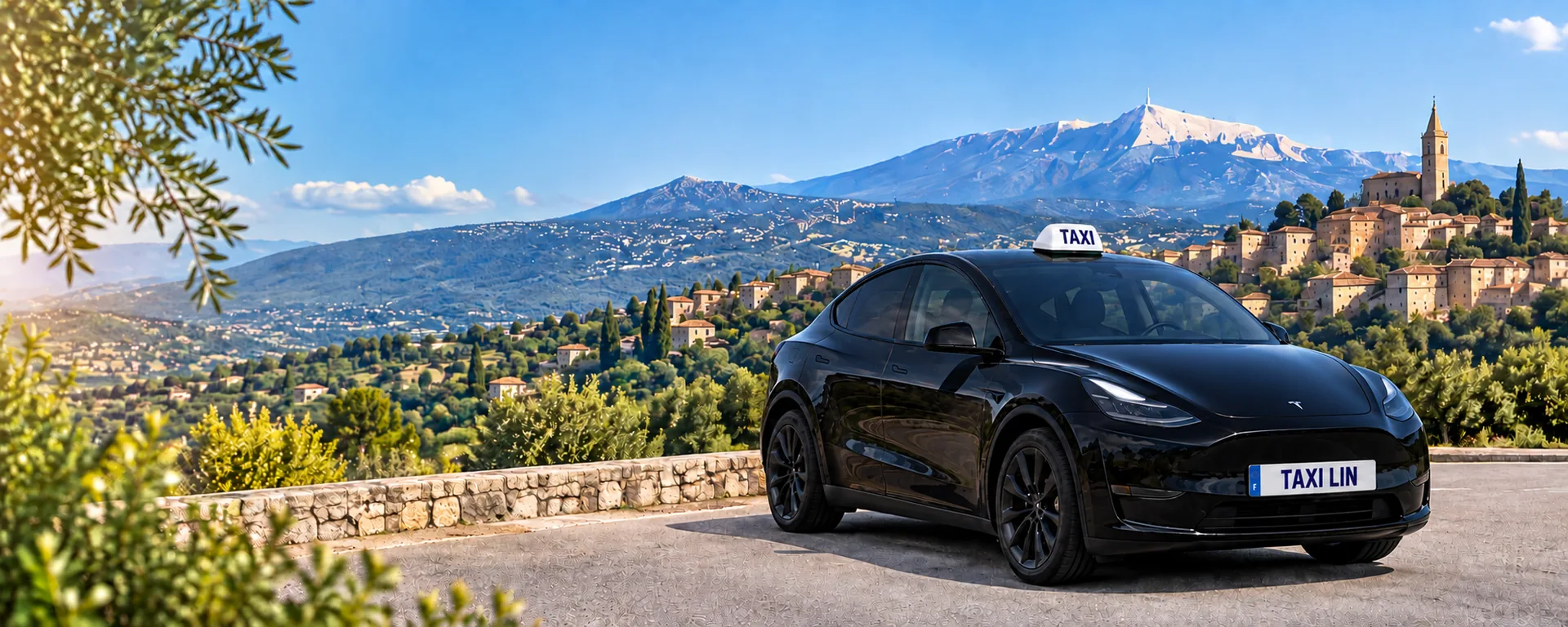Tesla Model Y noire devant un paysage du Vaucluse et le Mont Ventoux