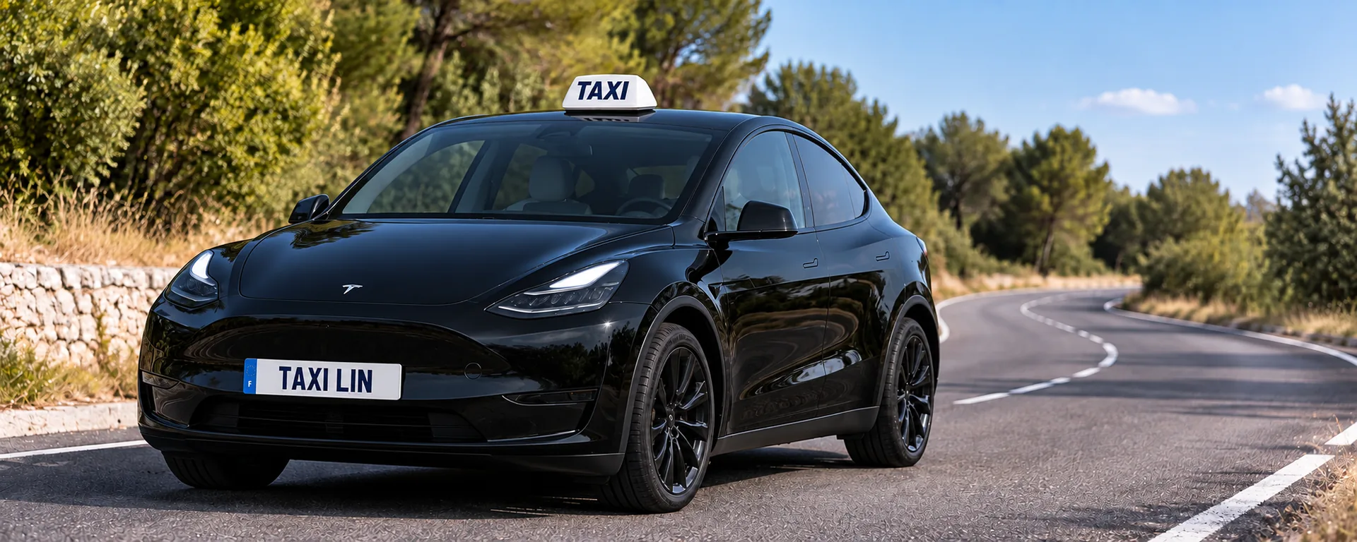la Tesla de Taxi LIN sur une route du Vaucluse