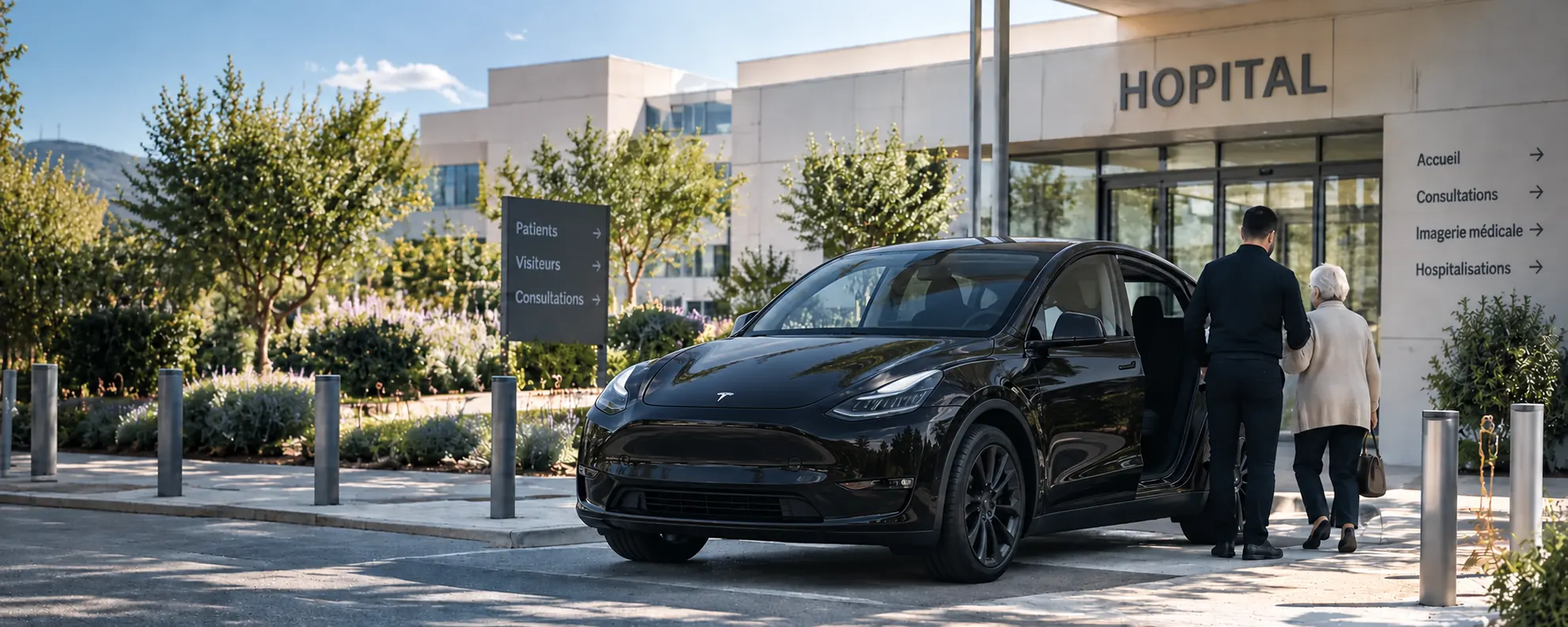 la Tesla de Taxi LIN arrivant près d’un établissement de santé